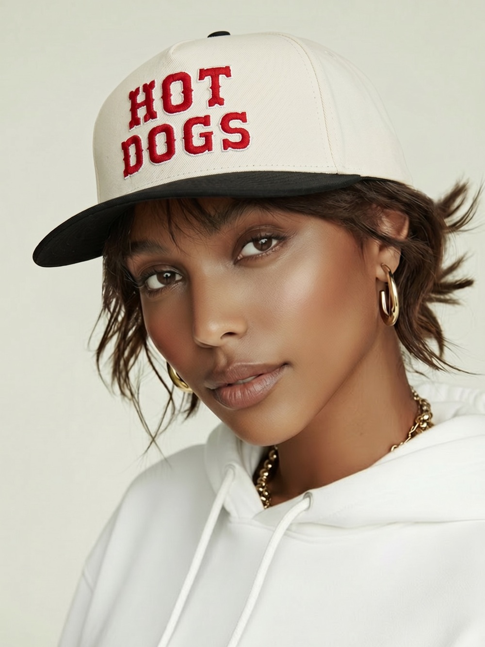 NWT Women’s Trucker Hat Cream and Black Embroidered HOT DOGS Baseball Cap